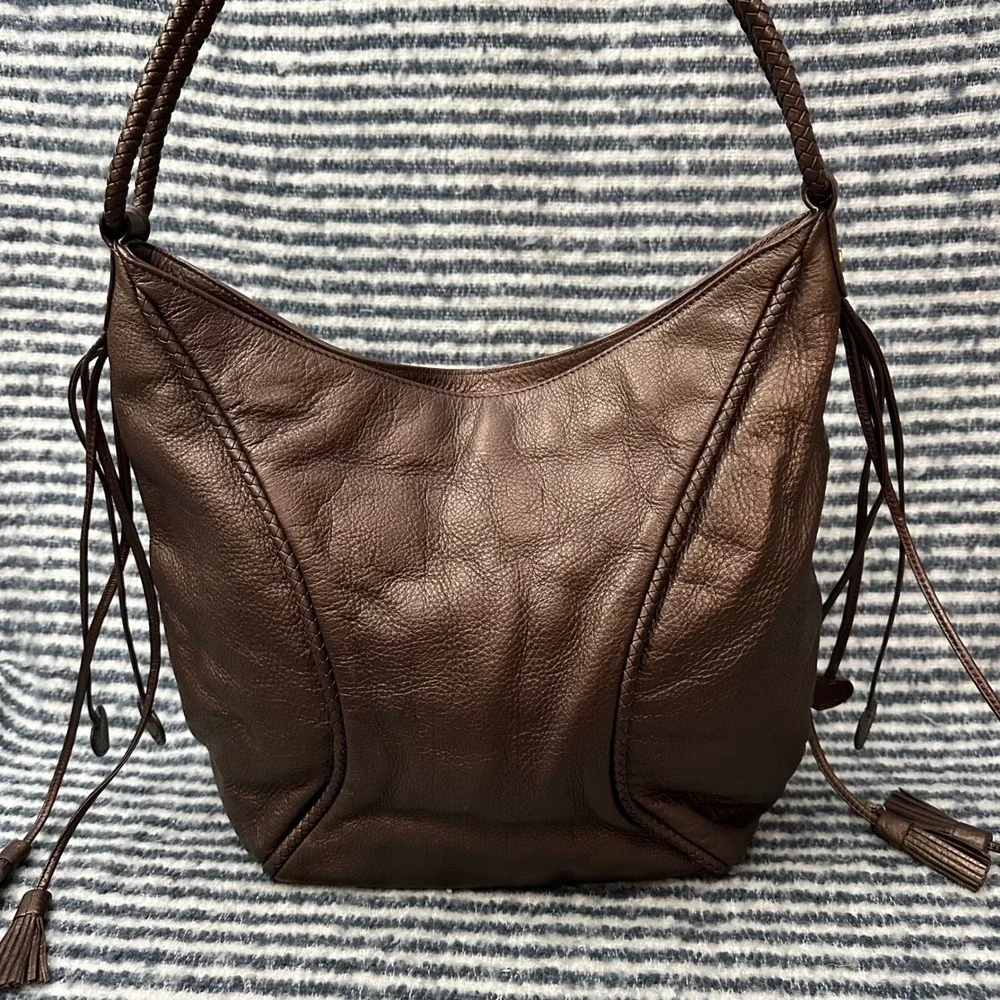 LOVCAT Brown‎ Metallic Leather Zip Hobo Shoulder Bag Fringed Sides
